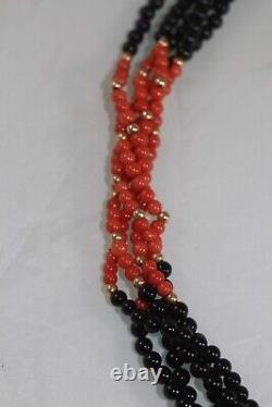 Vintage 14K Gold 5-Strand Onyx and natural red Coral Twisted Torsade Necklace