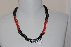 Vintage 14K Gold 5-Strand Onyx and natural red Coral Twisted Torsade Necklace