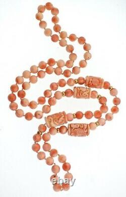 Vintage 14K Gold & Angel Skin Coral Carved Shou Bead 34 Necklace