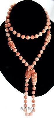 Vintage 14K Gold & Angel Skin Coral Carved Shou Bead 34 Necklace