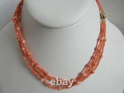 Vintage 14K Gold Clasp Angel Skin Coral Beaded 3 Three Stand Necklace