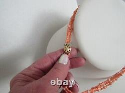 Vintage 14K Gold Clasp Angel Skin Coral Beaded 3 Three Stand Necklace