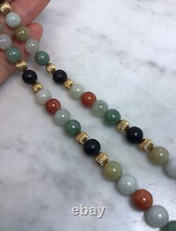 Vintage 14K Gold Clasp Ball Multi Color Stone Jade Bead Necklace