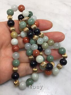 Vintage 14K Gold Clasp Ball Multi Color Stone Jade Bead Necklace