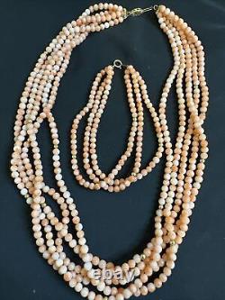 Vintage 14K Gold Multi Strand Angel Skin Coral Bead Necklace & Bracelet