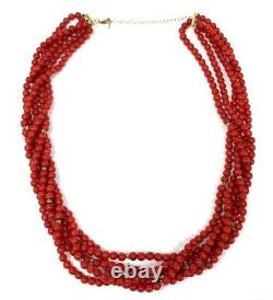 Vintage 14K Gold Multi-Strand Dyed Red Coral Bead Necklace, 16.5 to 18.5