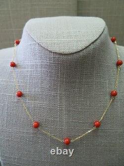 Vintage 14K Gold Red Coral Bead Stations Chain Necklace 16