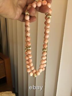 Vintage 14K Gold Ribbed Ball bead Pink Coral Bead Beaded No Clasp Necklace 30