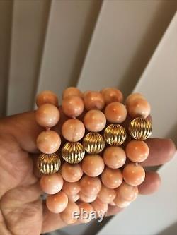 Vintage 14K Gold Ribbed Ball bead Pink Coral Bead Beaded No Clasp Necklace 30
