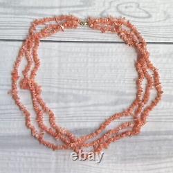 Vintage 14K Three Strand Salmon Pink Coral Beaded Necklace 22