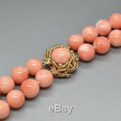 Vintage 14K Yellow Gold Angel Skin Coral Double Bead Necklace 20in