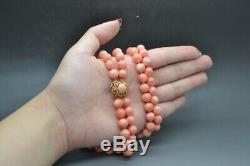 Vintage 14K Yellow Gold Angel Skin Coral Double Bead Necklace 20in