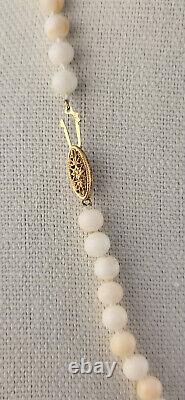 Vintage 14K Yellow Gold Pink Angel Skin Coral Beaded 21 Necklace Hand Knotted