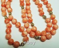 Vintage 14K Yellow Gold Salmon Angel Skin Coral 8.5mm Bead 35 Strand Necklace
