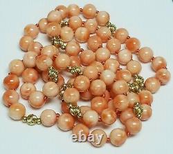Vintage 14K Yellow Gold Salmon Angel Skin Coral 8.5mm Bead 35 Strand Necklace