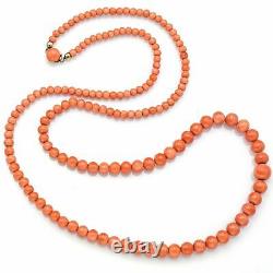 Vintage 14K Yellow Gold Salmon Coral Long Beaded Strand Necklace 36.7 Gr 28.75