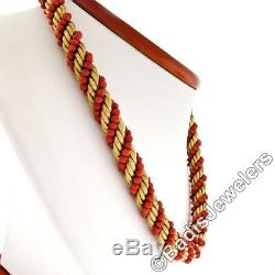 Vintage 14K Yellow Gold Textured Twisted Rope with Coral Bead Link Chain Necklace