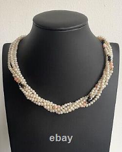 Vintage 14 Ct Gold Plated Multi Strand Pearl, Pink Coral & Onyx Necklace 17.35