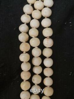 Vintage 14k 3-strand Long Angel Skin Coral Shell Bead Beaded Necklace White Pink