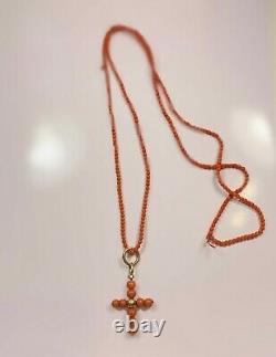 Vintage 14k Gold Coral Bead Necklace Coral Cross Pendant