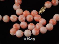 Vintage 14k Solid Gold Natural 8.3mm Natural Angel Skin Coral Bead Necklace