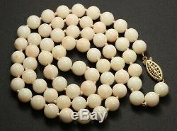 Vintage 14k Yellow Gold Hand Knotted 8mm Angel Skin Coral Bead Necklace 50.3g