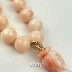 Vintage 14k Yellow Gold Mounted Angel Skin Pink Coral Necklace & Deity Pendant