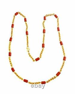 Vintage 1880s Red Coral and 10kt Yellow Gold Over 22 Necklace For Women's