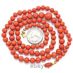 Vintage 18K Yellow Gold Red Coral Long Beaded Strand Necklace 31 Inches