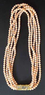 Vintage 18k Angel Skin Coral Multi Strand Necklace Tourmaline & Diamond Clasp