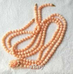 Vintage 18k Gold Angel Skin Pink Carved Italian Coral Beaded Necklace