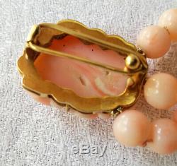 Vintage 18k Gold Angel Skin Pink Carved Italian Coral Beaded Necklace