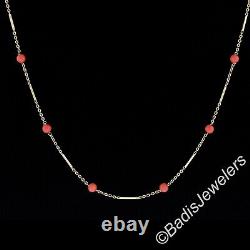 Vintage 18k Yellow Gold Coral Bead with Bar & Cable Link 30 Long Station Necklace