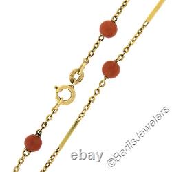 Vintage 18k Yellow Gold Coral Bead with Bar & Cable Link 30 Long Station Necklace