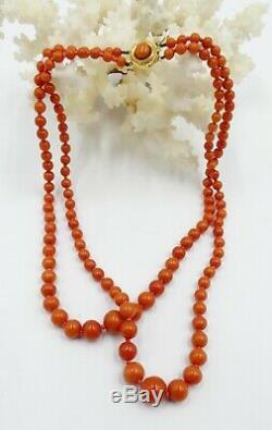 Vintage 18k gold clasp w double string natural graduated coral beads necklace 47