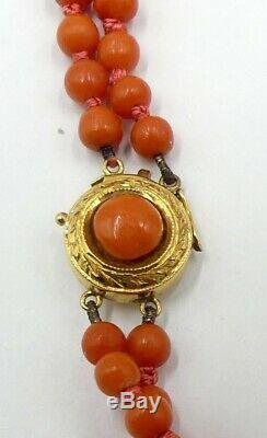 Vintage 18k gold clasp w double string natural graduated coral beads necklace 47
