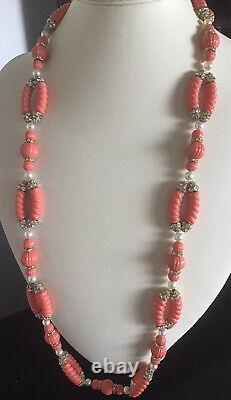 Vintage 1960s Coral Celluloid Rhinestone Long Necklace Designer Piece Italian