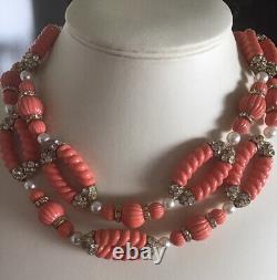 Vintage 1960s Coral Celluloid Rhinestone Long Necklace Designer Piece Italian