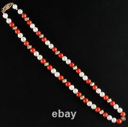 Vintage 1970's 14k Yellow Gold Round Bead Coral & Pearl Necklace 15.5 Length