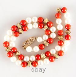 Vintage 1970's 14k Yellow Gold Round Bead Coral & Pearl Necklace 15.5 Length