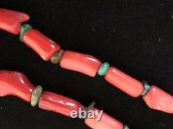 Vintage 20 Inch Three Strand Santo Domingo Pueblo Coral and Turquoise Necklace