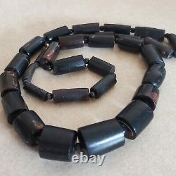Vintage 26 Tube Cylinder Bead Hawaiian Graduated Black Coral Necklace'READ