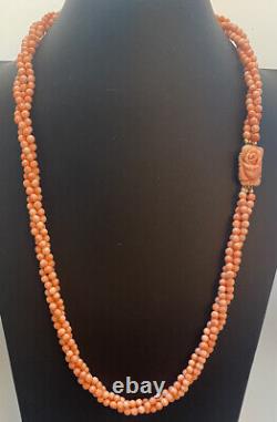 Vintage 28 Twisted 3 Strand Natural Coral Bead Necklace Carved Rose Clasp