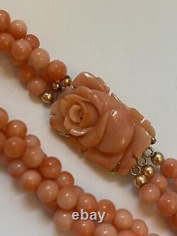 Vintage 28 Twisted 3 Strand Natural Coral Bead Necklace Carved Rose Clasp