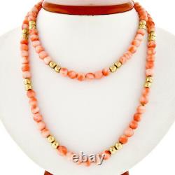 Vintage 32 Long Coral Bead Strand Necklace & Dual 14K Yellow Gold Ball Stations