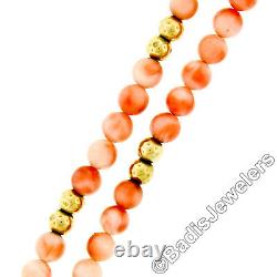 Vintage 32 Long Coral Bead Strand Necklace & Dual 14K Yellow Gold Ball Stations
