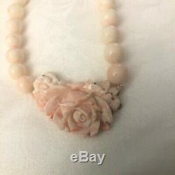 Vintage 32 Opera Length Sterling Carved Angel Skin Coral Necklace 10 mm Beads