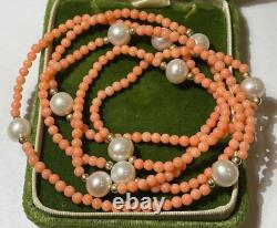 Vintage 35 Long Carved Salmon Coral 9mm Pearls 14K Gold Beads Necklace 11B 4.5