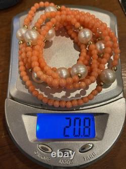 Vintage 35 Long Carved Salmon Coral 9mm Pearls 14K Gold Beads Necklace 11B 4.5