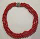 Vintage 3 Strand Bead Genuine Coral Handknotted Sterling Chinese Necklace